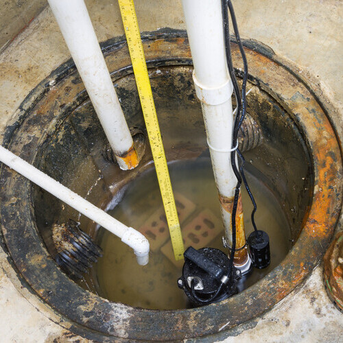 view from above of a lift station pump in a basement pit